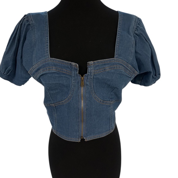 Denim Crop Top Bustier Puff Sleeves Zip Front Tie Back ALTERED - Picture 1 of 7